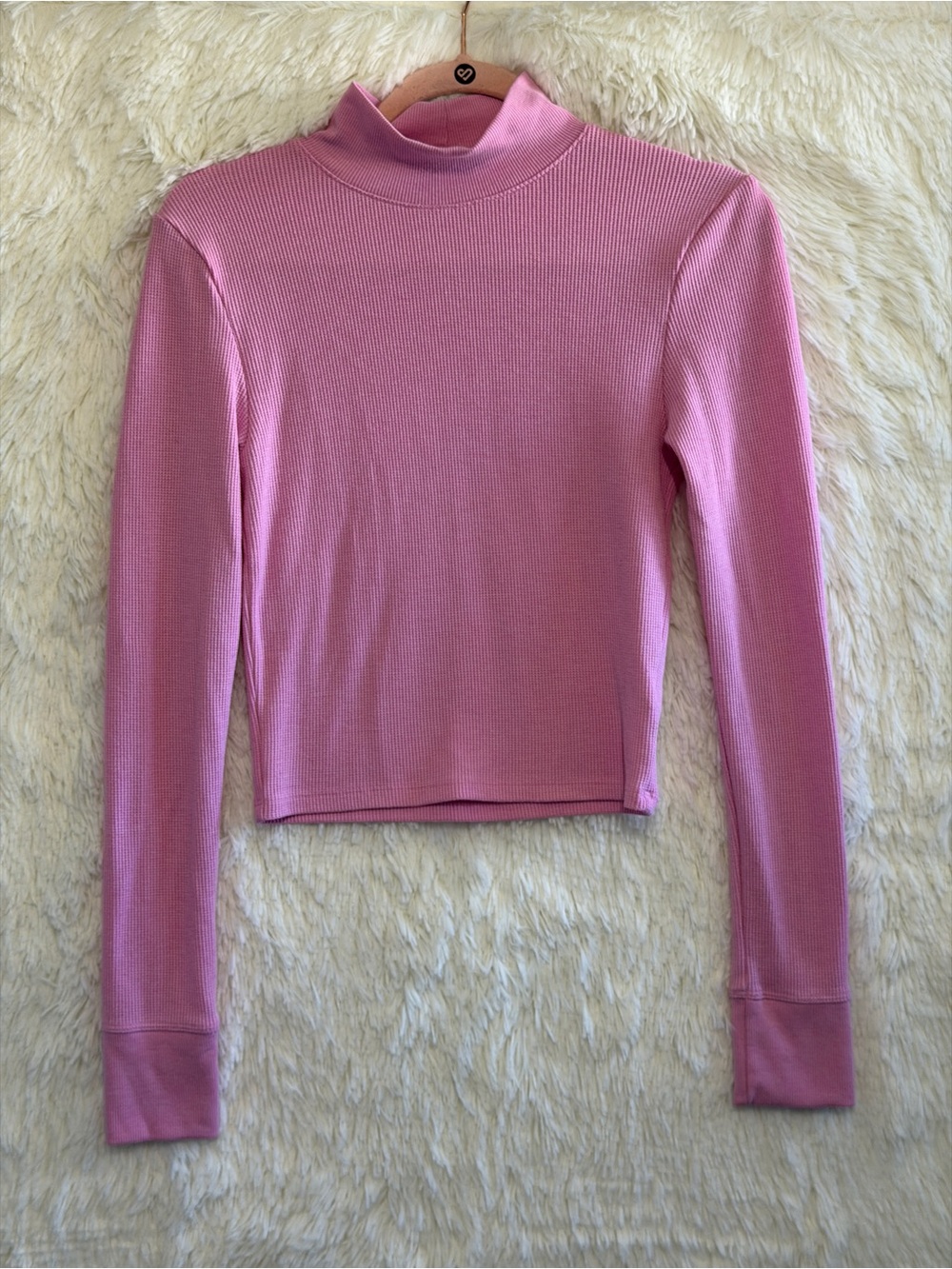American Eagle Womens Waffle Knit Mock Neck Crop Top Size M Pink Soft Girl Cozy